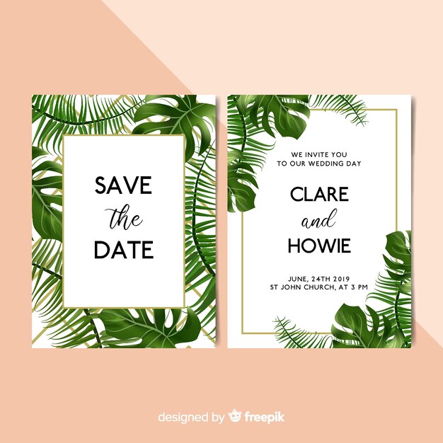 Realistic palm leaves wedding invitation template