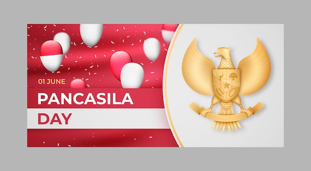 Free vector realistic pancasila day horizontal banner template with balloons