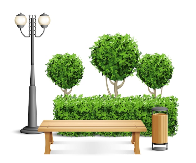 Free vector realistic park bench composition wooden bench in the park surrounded by green bushes and trees with a trash can and a street lamp vector illustration