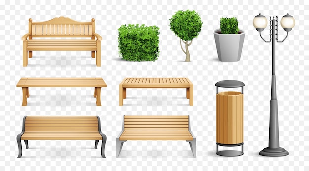 Free vector realistic park elements set with different benches street lamp trash can bushes vector illustration