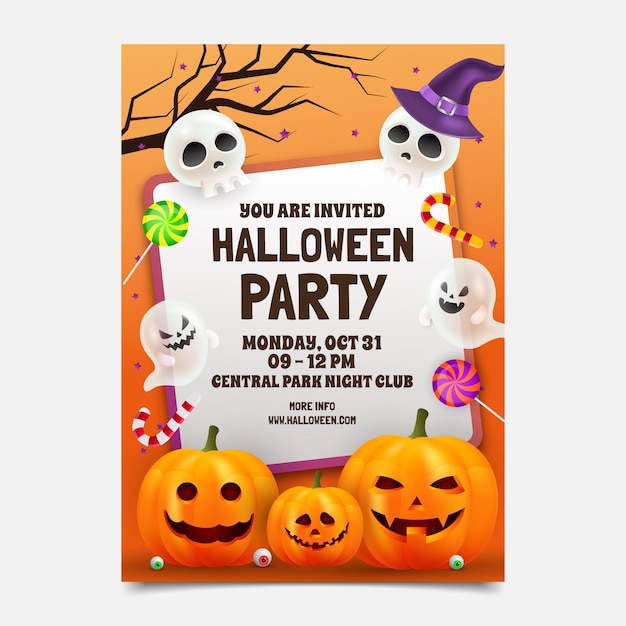 Free vector realistic party invitation template for halloween celebration