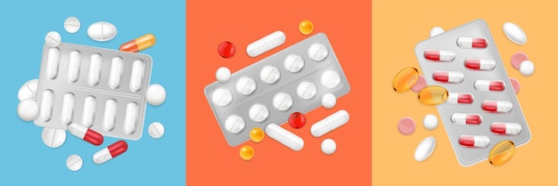 Free Vector realistic pills capsules set of three square compositions with bunches of medical drugs and silver blisters vector illustration