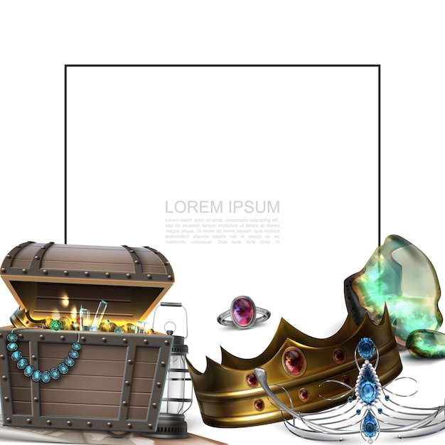 Free Vector realistic pirate treasures concept with frame for text crown diadem ring lantern chest full of gold coins and jewels