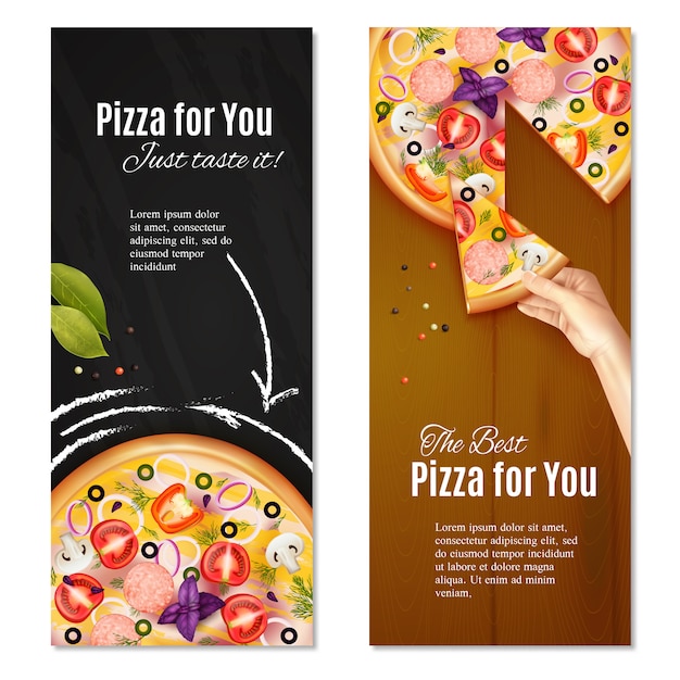 Free Vector realistic pizza with sausage and vegetables on chalk board and wooden background vertical