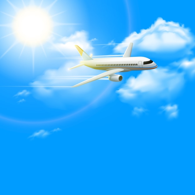 Realistic plane aircraft in blue sunny sky 