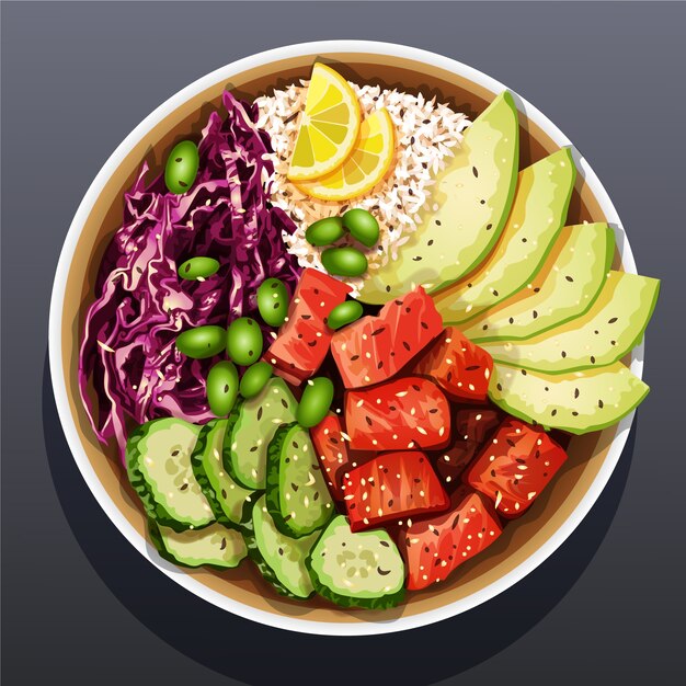 Realistic poke bowl food illustration