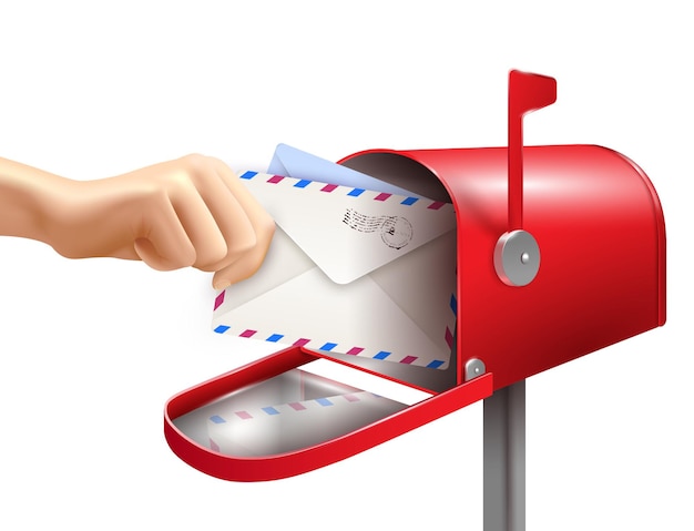 Free vector realistic post mailbox letter hand composition with  human hand envelopes and classic mail box