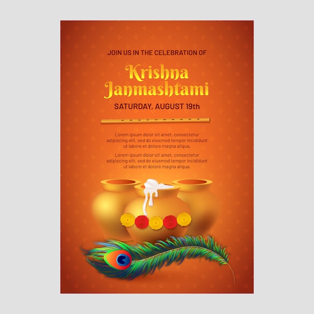 Realistic poster template for janmashtami celebration