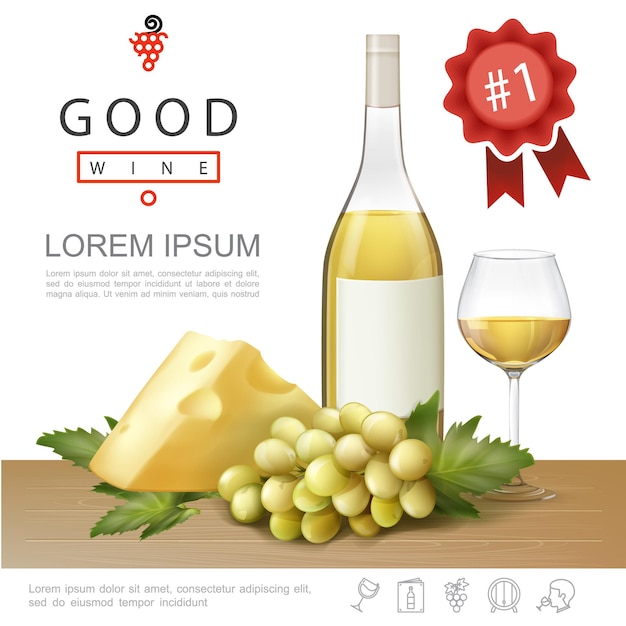 Realistic premium alcohol template with bottle and glass full of white wine cheese and bunch of grapes illustration