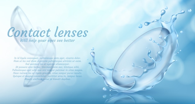 realistic promotion banner with contact lenses in water splash for eye care 