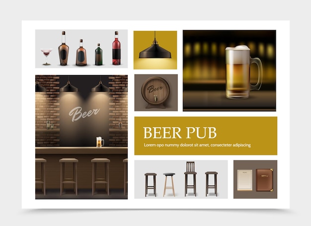 Realistic pub elements set with beer mug on bar counter menu lamp wooden barrel of foamy drink alcohol bottles chairs