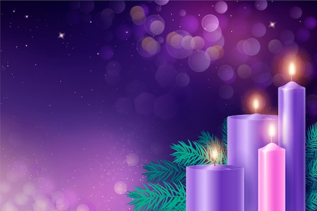 Realistic purple candles advent background