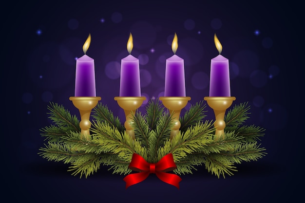 Realistic purple candles advent background