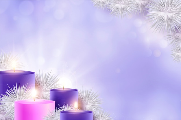 Realistic purple candles advent background