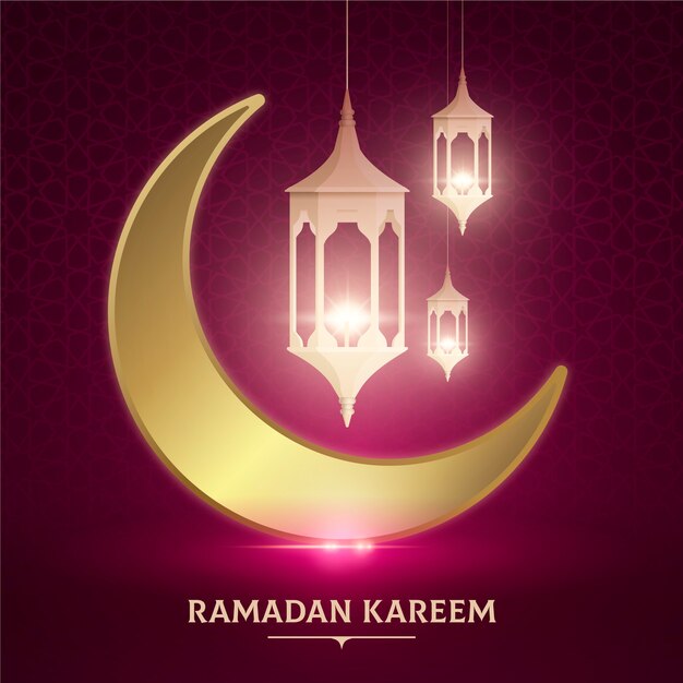 Realistic ramadan background with moon and candles