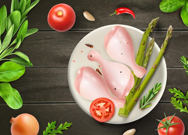 Free Vector realistic raw chicken legs with garnish on plate top view against wooden surface background vector illustration