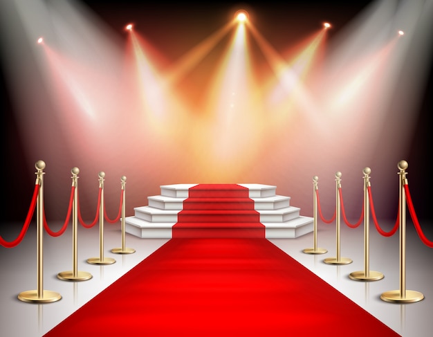 Realistic red carpet and pedestal with illumination and barrier fences with velvet rope