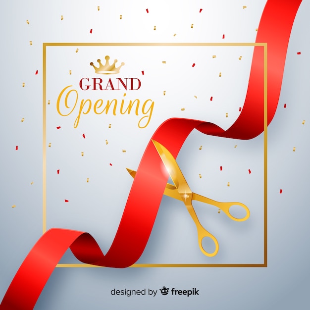 Realistic red ribbon with golden scissors grand opening background