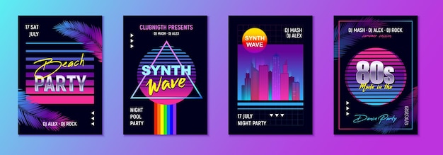 Free vector realistic retro wave party set of four vertical posters with event advertising text