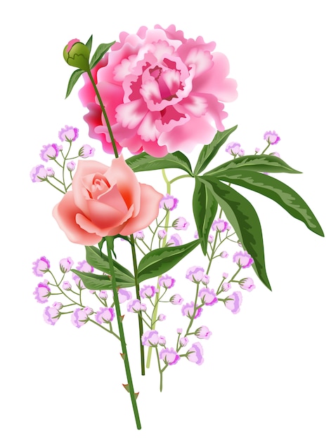 Free Vector realistic rose and peony flower composition.