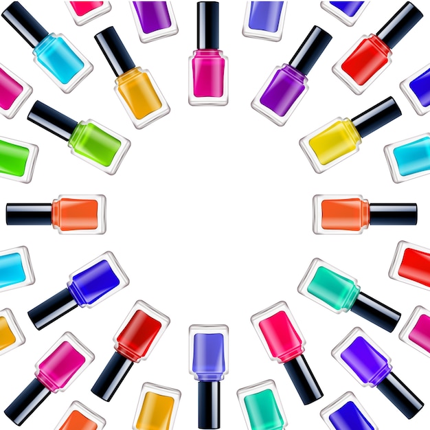 Free vector realistic round frame with colorful nail polishes in closed containers on white background