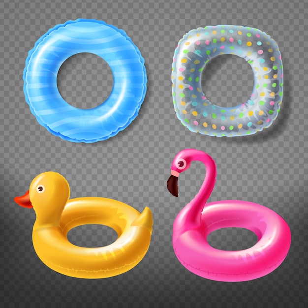 Free Vector realistic rubber rings - yellow duck, childish pink flamingo or blue lifebuoy.