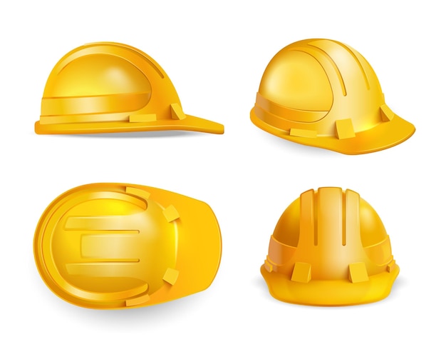 Free vector realistic safety construction helmet composition with isolated images of yellow hard hat with different view angles vector illustration