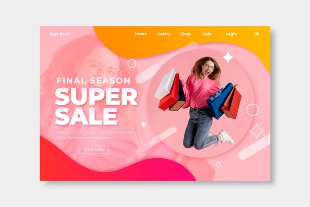 Realistic sale landing page template with photo