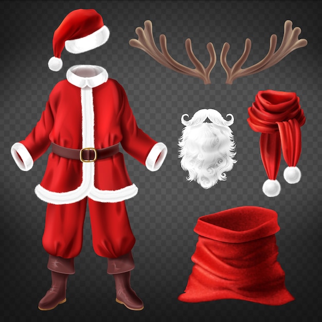 Free Vector realistic santa claus costume with accessories for fancy dress party