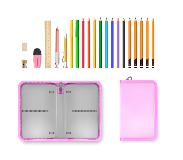 Free Vector realistic school accessories open and closed empty pencil case isolated against white background illustration