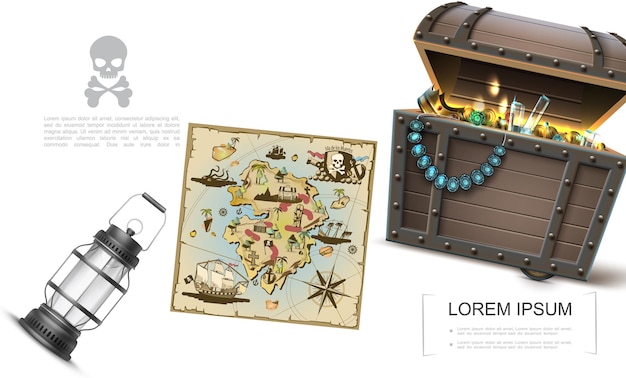 Free vector realistic sea treasures template with pirate map treasure chest full of gold coins and jewelry diadem ring lantern crown precious stones