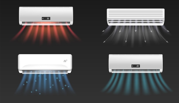 Free vector realistic set of air conditioners blowing cold and hot air isolated on black background vector illustration