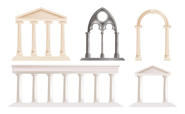 Free vector realistic set of ancient classic ionic and tuscan columns and arches isolated vector illustration