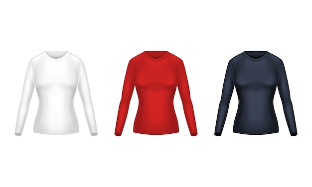 Free Vector realistic set of blank shirts with long sleeves, female casual clothing, warm sweatshirts 