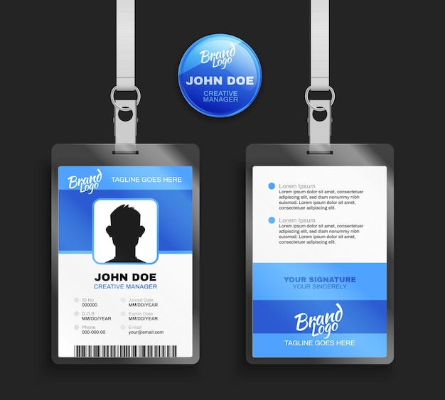 Free Vector realistic set of blue badge template front and back view of identification card with lanyard isolated against black background vector illustration