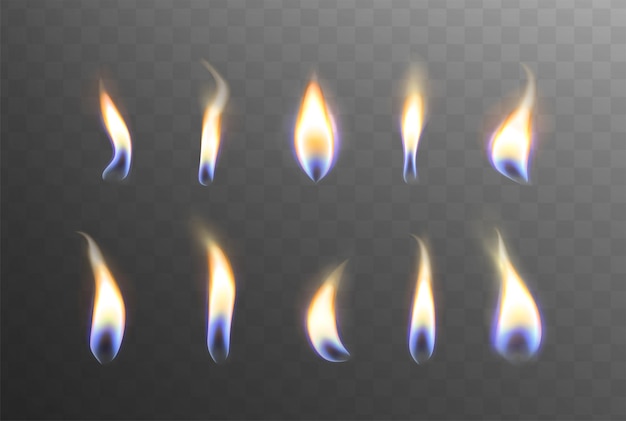 Realistic set of candle fire flame lights glowing flares