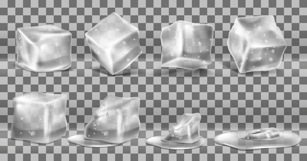 Free Vector realistic set of cold solid ice cubes, melting process of icy blocks with drops 