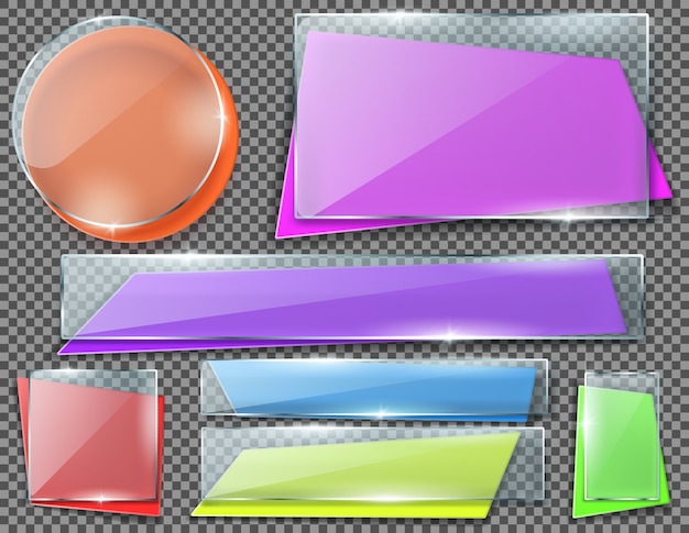 Free vector realistic set of color banners under transparent glass plates, blank shining isolated frames.