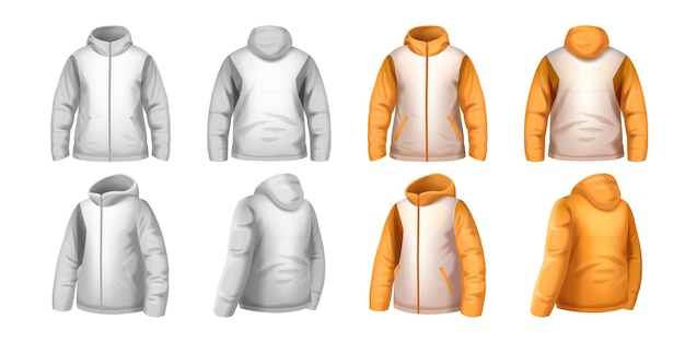 Free vector realistic set of color winter jacket mockup front and back views isolated vector illustration