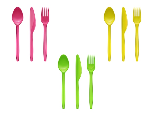 Realistic set of disposable plastic tableware, knives, spoons, forks used for eating