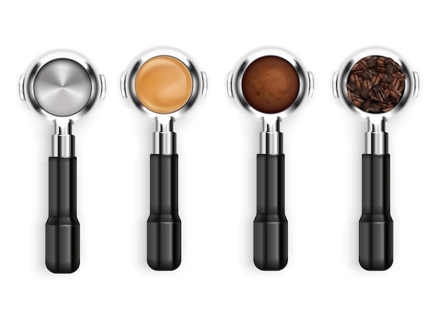 Free Vector realistic set of four barista holders with coffee and beans isolated vector illustration