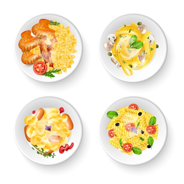 Free Vector realistic set of four delicious dishes with italian pasta meat vegetables and mushrooms top view isolated vector illustration