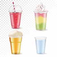 Free vector realistic set of four disposable plastic glasses with various beverages isolated on transparent background  illustration