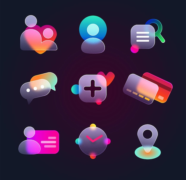 Realistic set of glassmorphism ui icons for website or mobile app vector location chat contact socia