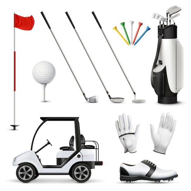 Realistic set of golf equipment and player garment isolated  vector illustration