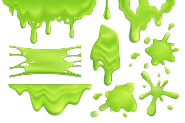 Free Vector realistic set of green slime blots and drops isolated illustration