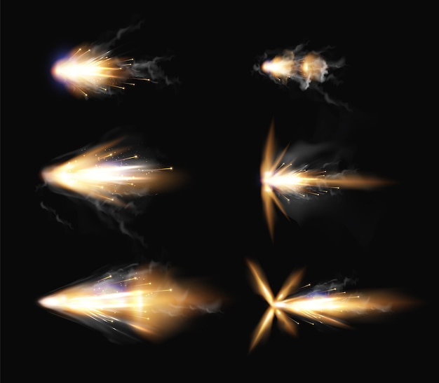 Free vector realistic set of gun flashes with fire sparkles and smoke isolated on black background vector illustration