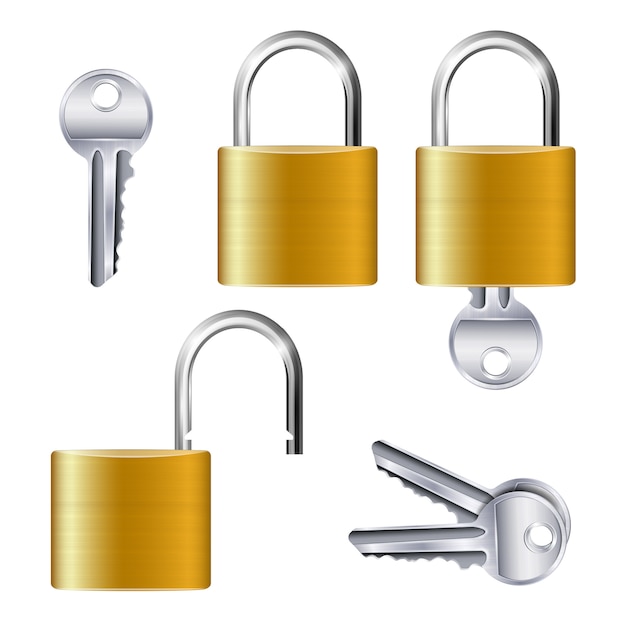 Realistic set of identical gold metallic open and closed padlocks and keys on white  isolated