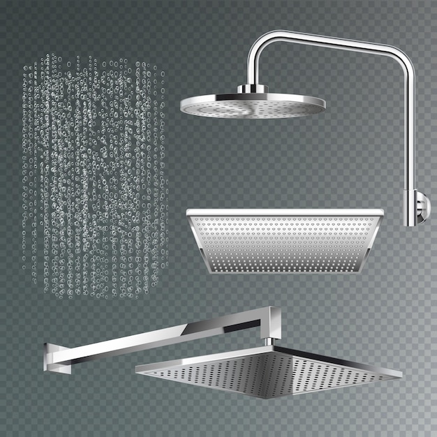 Free Vector realistic set of modern shower heads of different shapes on transparent background vector illustration