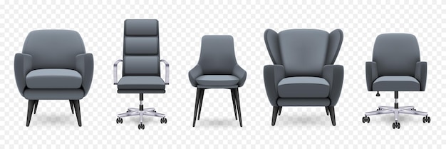 Free Vector realistic set of monochrome armchairs and chairs for house and office interior isolated on transparent background vector illustration